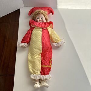 Jester Doll Clown 18” Painted Porcelain Face Legs & Arms Cloth Body Girl Vintage